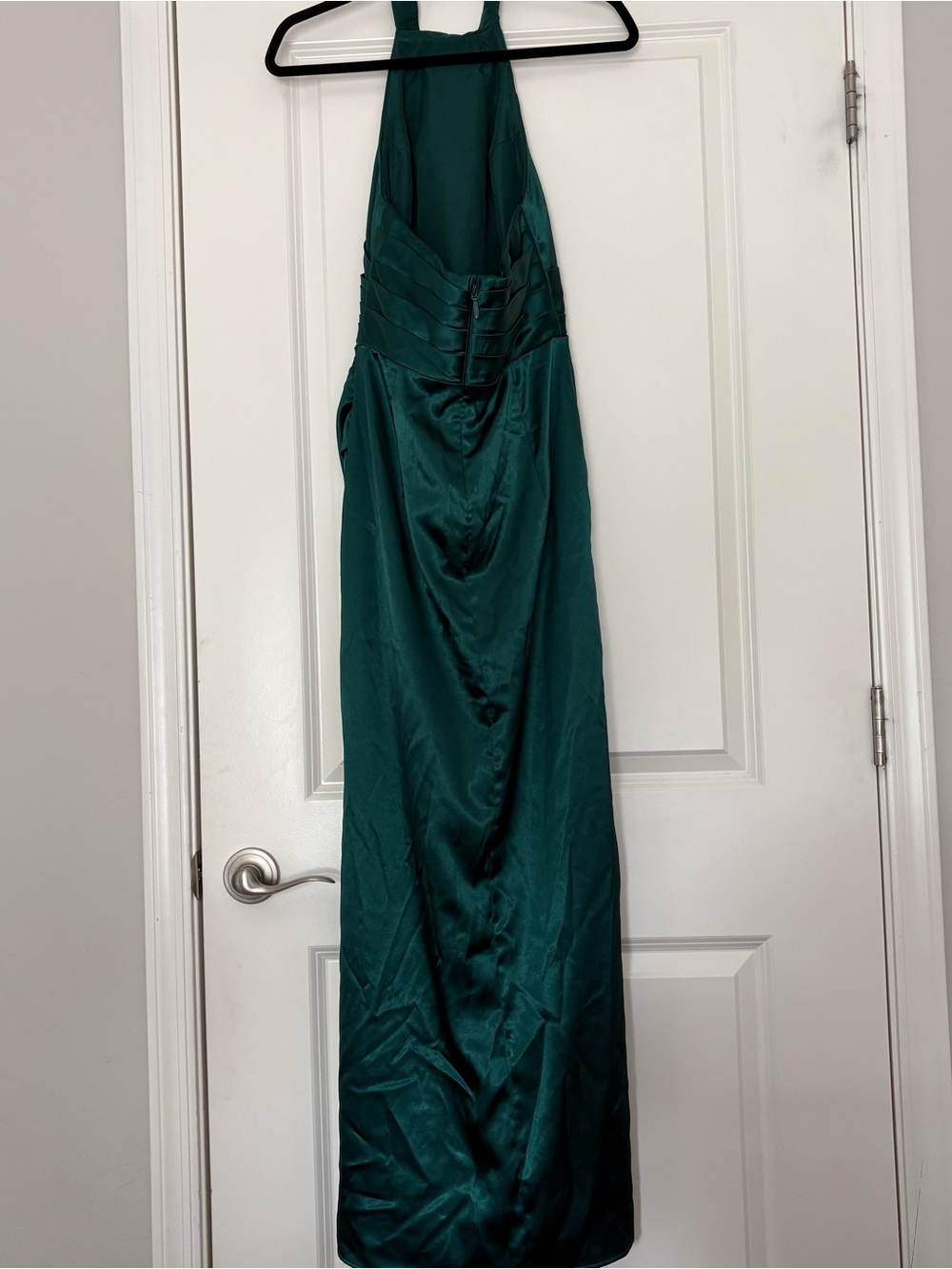 Azazie Women’s “Jenna” Emerald Sheath Pleated High-Neck Ruched Satin Dress - Picture 7 of 14